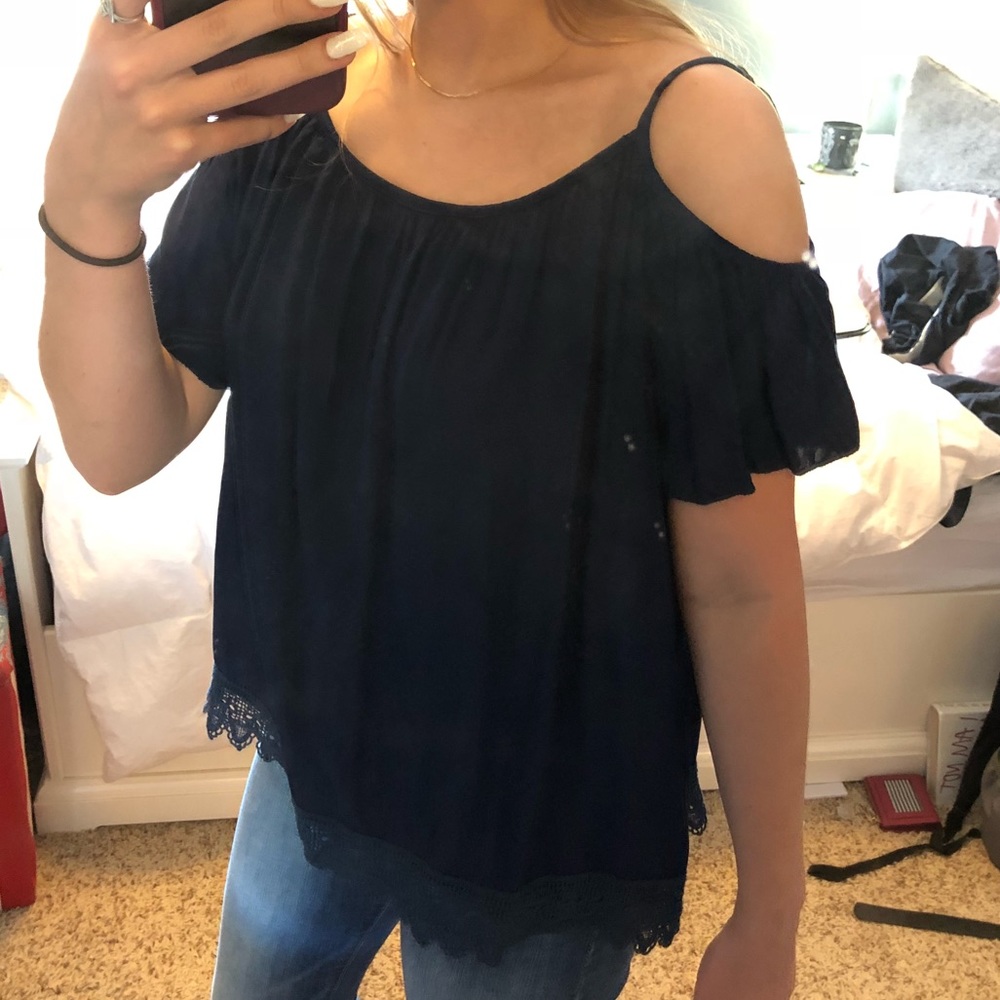 Navy off the shoulder blouse with lace